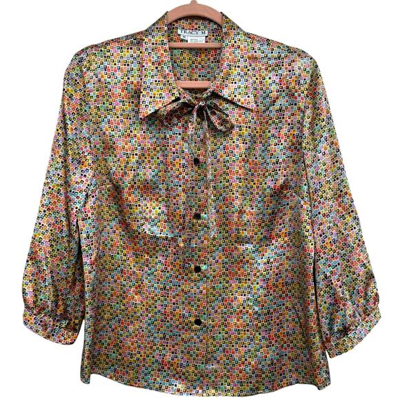 1990s Vintage 100% Silk Top Button Up Shirt Satin 3/4 Sleeve Blouse Bow Medium - Picture 2 of 9